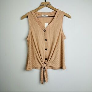 Jolie Tan Sleeveless Buttoned Tie-Front Tank Top Size Large
